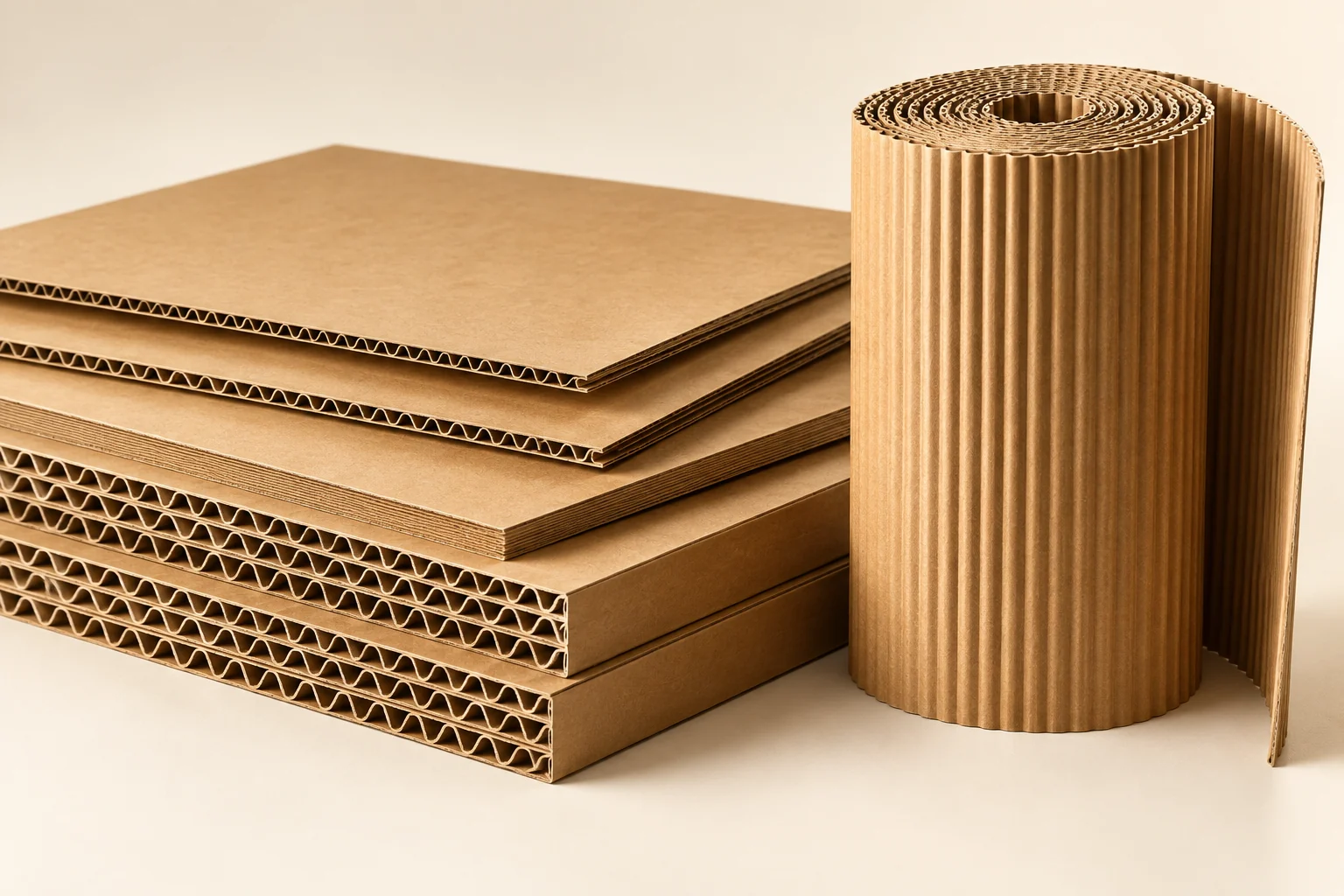 Close view of corrugated board sheets and a single-face roll