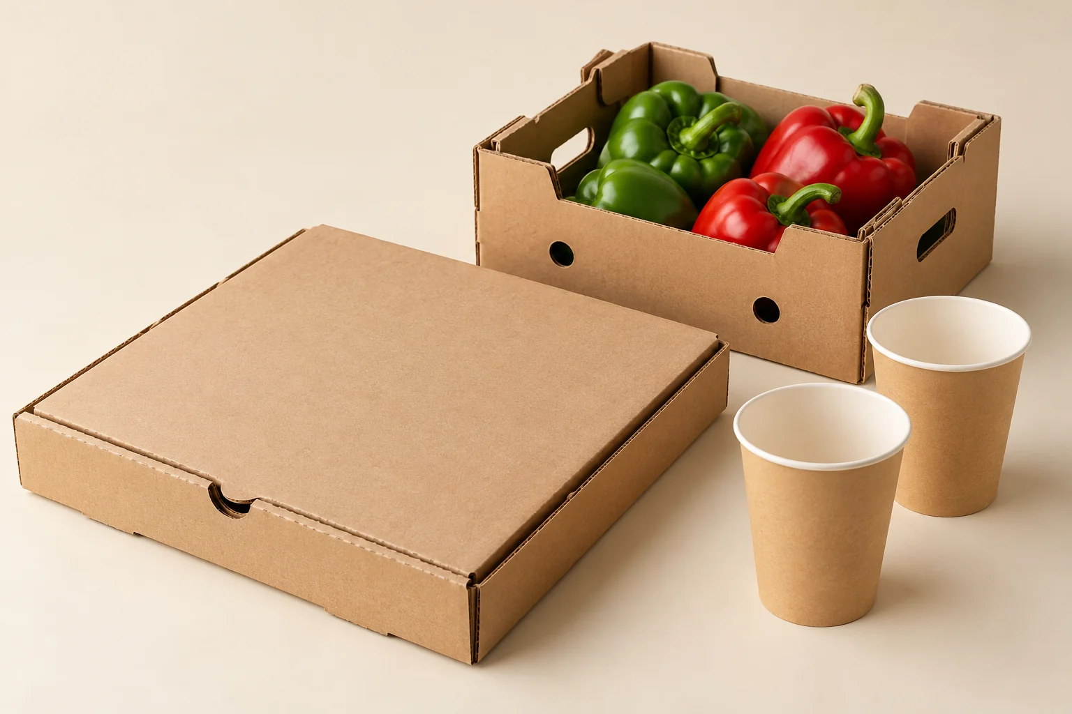 Illustrative pizza carton, produce carton and paper cups
