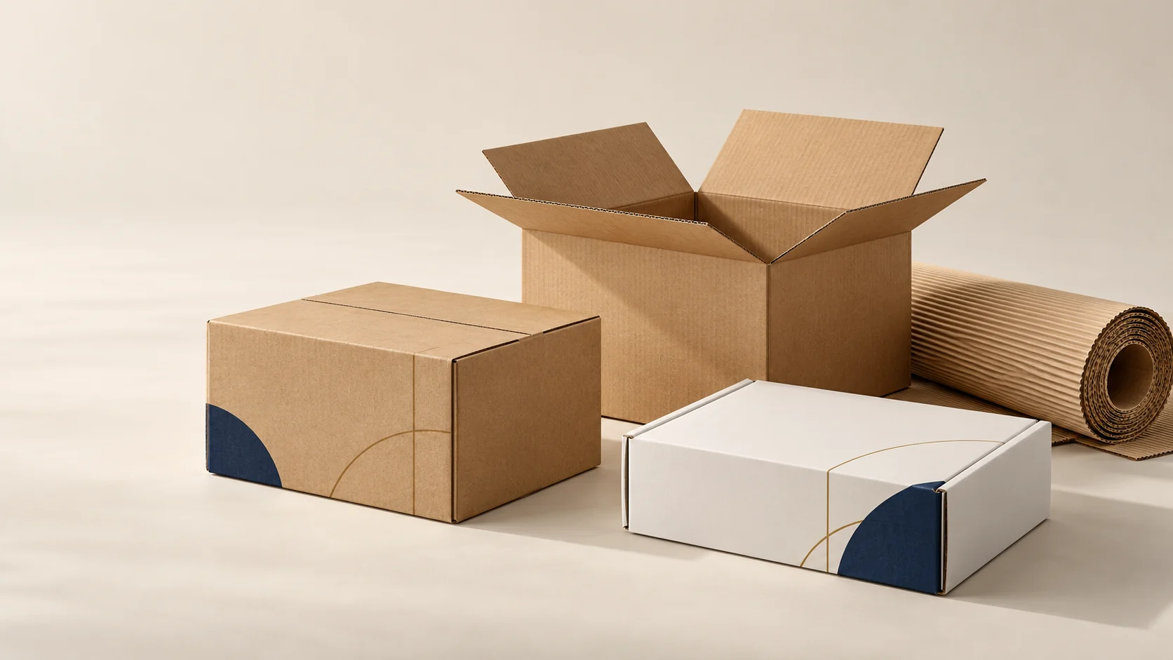 Illustrative kraft cartons, a white mailer and single-face corrugated roll