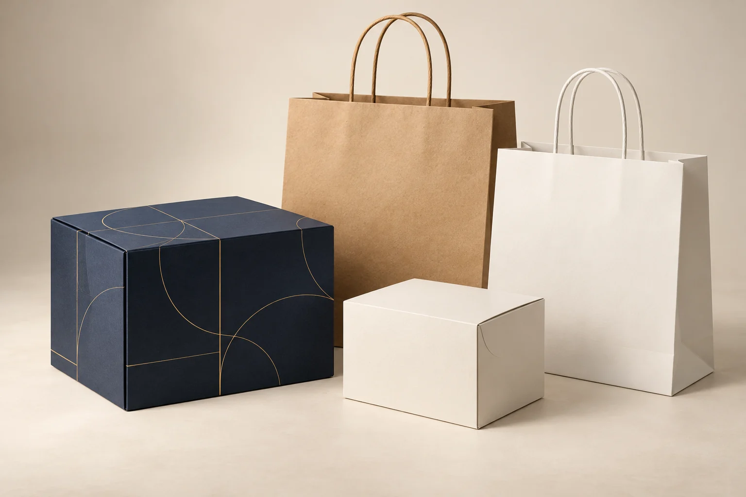 Navy and ivory folding cartons with paper shopping bags